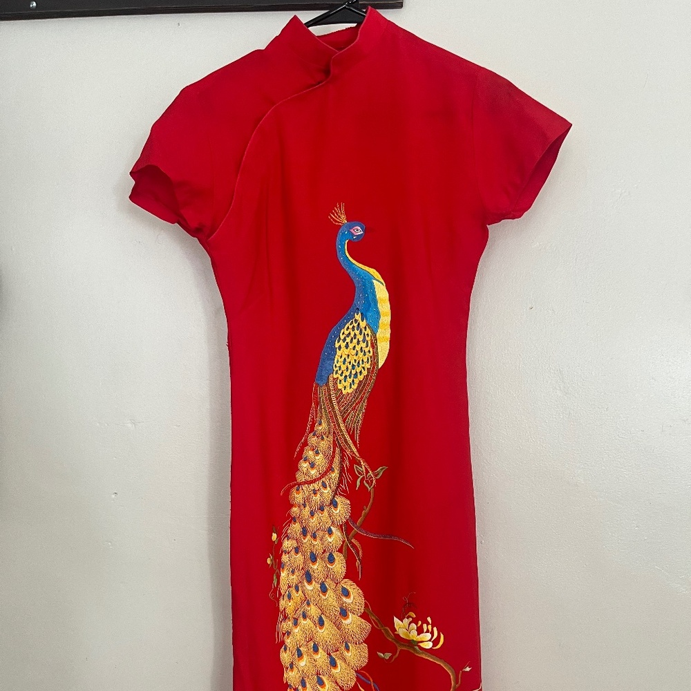 Red Chinese Dress w/ embroidered peacock